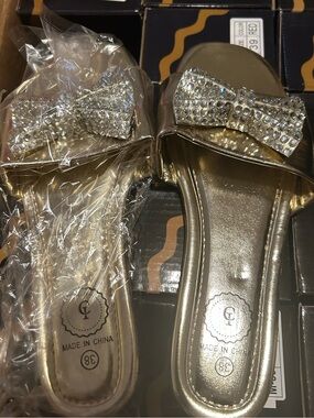 Gold Crystal Bow Slide Mules